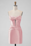 Fuchsia Bodycon Sweetheart Satin Korsett Kort ballkjole