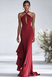 Halter Terrakotta Chiffon Ruffles Slire Rød Gala Kjole