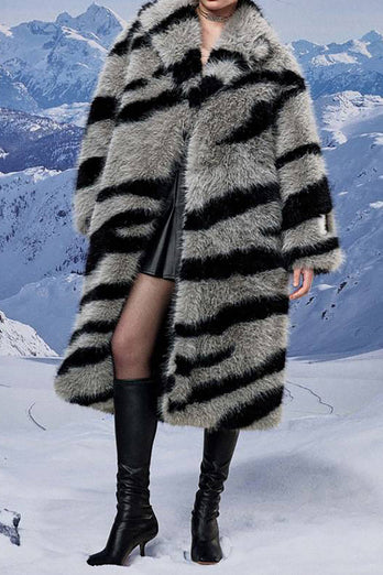 Mørk grå sebra mønster imitasjon overdimensjonert lang fuskepels shearling pels