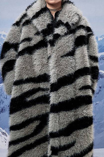 Mørk grå sebra mønster imitasjon overdimensjonert lang fuskepels shearling pels