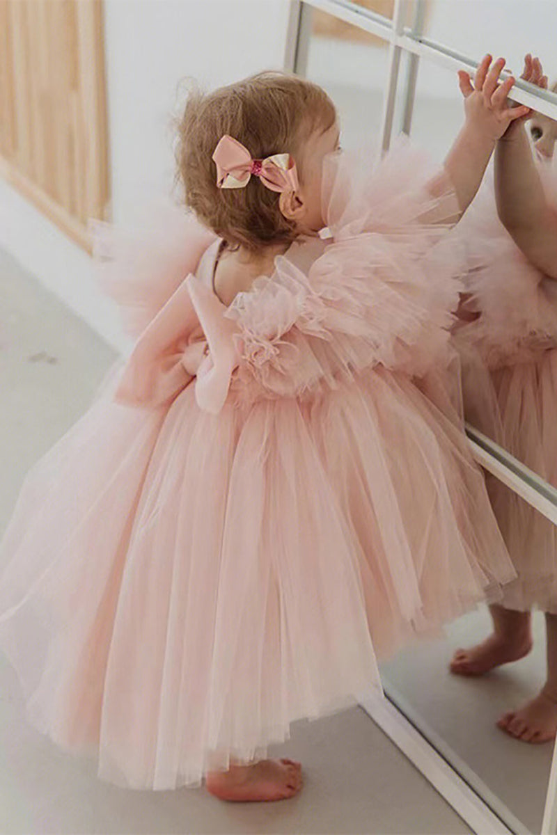 Load image into Gallery viewer, Blush Pink A Line Tylle Girl kjole med hette ermer