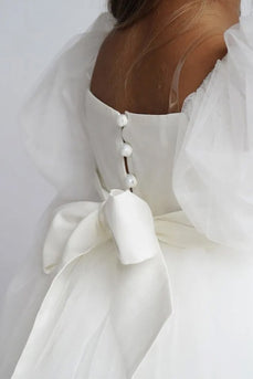 Hvit En linje av Shoulder Girl kjole med puff ermer