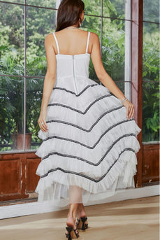 Hvit ruffled tyll A-Line forlovelsesfest kjole