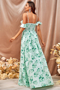 Blomstertrykt grønn uformell kjole med spalte