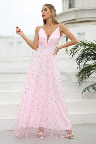 Rosa Spaghetti stropper Prom kjole med blomster