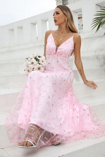 Rosa Spaghetti stropper Prom kjole med blomster