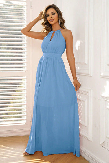 Blue A Line Ermeløs lang formell kjole