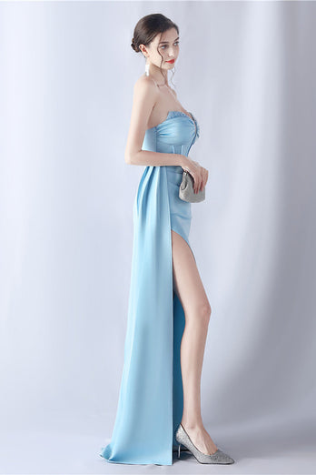 Navy Mermaid stroppeløs lang korsett Prom kjole med spalt