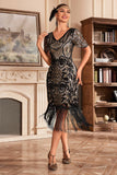 Svart Champange V Neck Fringe 1920-tallet Gatsby kjole med paljetter