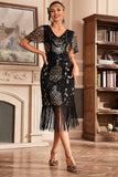Svart Champange V Neck Fringe 1920-tallet Gatsby kjole med paljetter