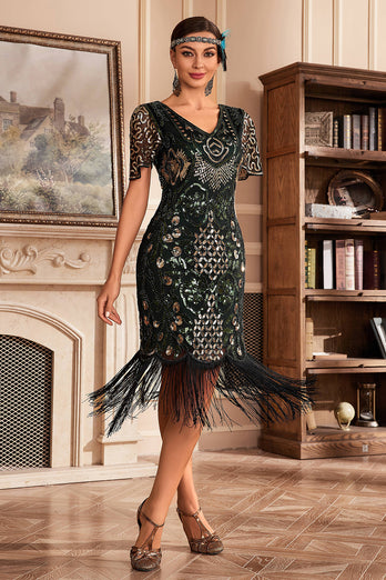 Svart Golden V Neck Fringe 1920-tallet Gatsby kjole med paljetter