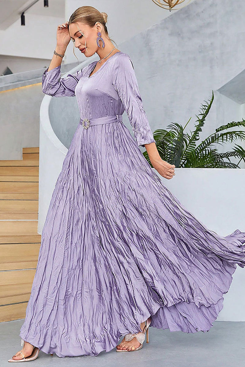 Load image into Gallery viewer, Lilac plissert en linje lange ermer Prom kjole