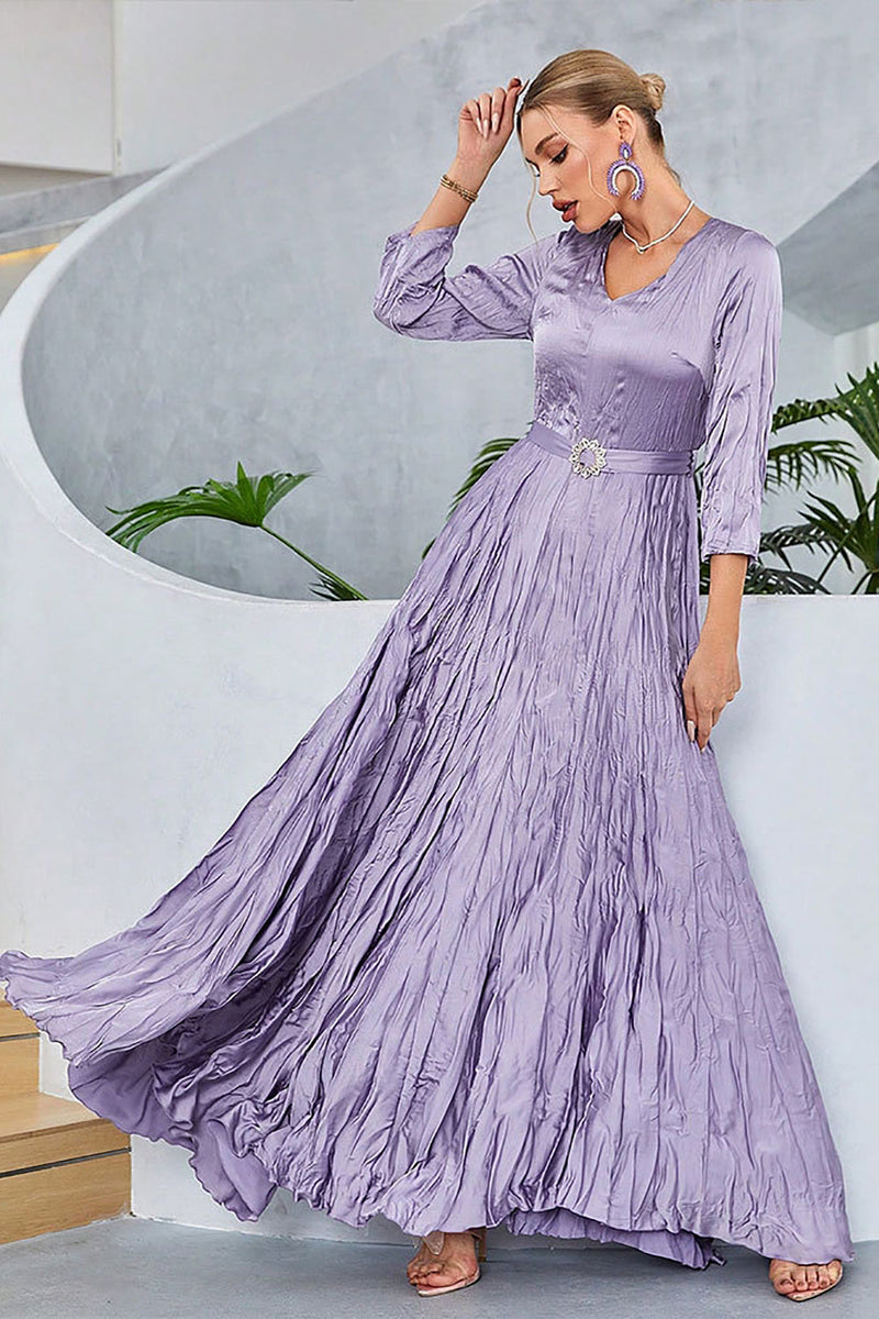 Load image into Gallery viewer, Lilac plissert en linje lange ermer Prom kjole