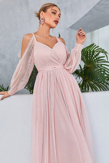 Blush Cold Shoulder Tylle Prom kjole med Polka Dots