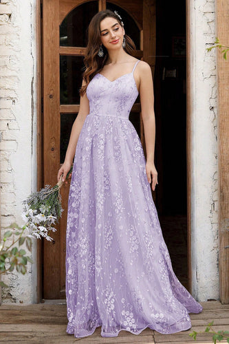 Lilac Spaghetti stropper A Line Lace Prom Dress