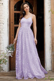 Lilac Spaghetti stropper A Line Lace Prom Dress