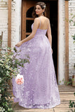 Lilac Spaghetti stropper A Line Lace Prom Dress