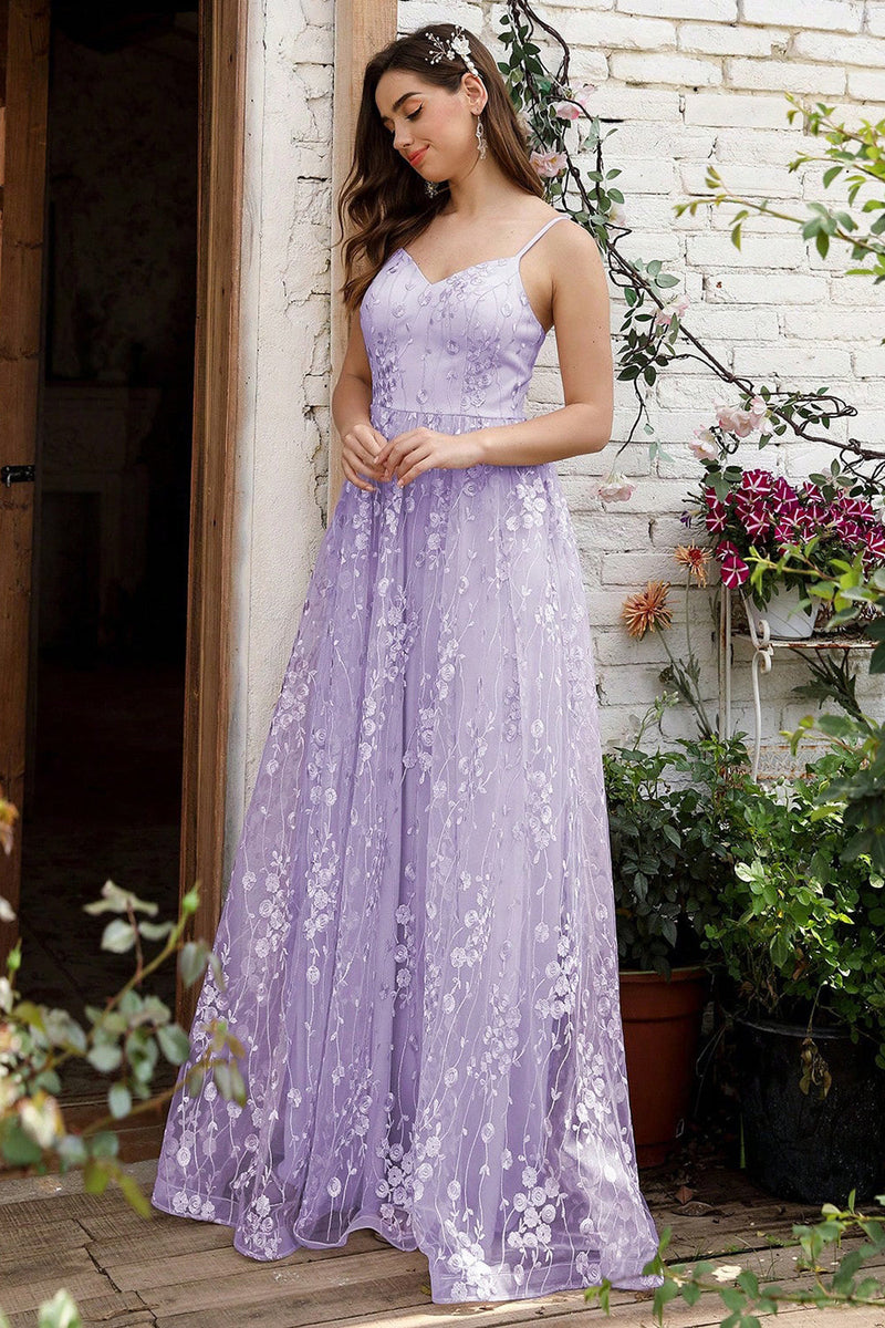 Load image into Gallery viewer, Lilac Spaghetti stropper A Line Lace Prom Dress