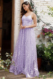 Lilac Spaghetti stropper A Line Lace Prom Dress