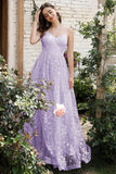 Lilac Spaghetti stropper A Line Lace Prom Dress