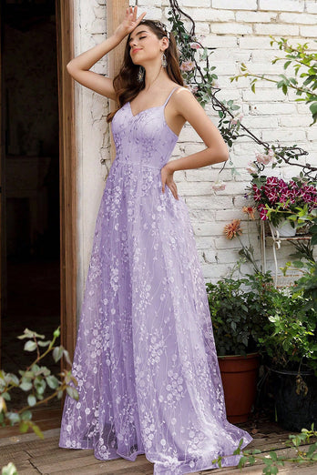 Lilac Spaghetti stropper A Line Lace Prom Dress