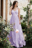 Lilac Spaghetti stropper A Line Lace Prom Dress