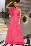 Coral One Shoulder Tylle Long Prom kjole med belte