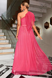 Coral One Shoulder Tylle Long Prom kjole med belte