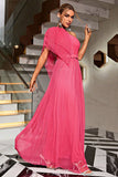 Coral One Shoulder Tylle Long Prom kjole med belte