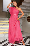 Coral One Shoulder Tylle Long Prom kjole med belte