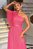 Coral One Shoulder Tylle Long Prom kjole med belte