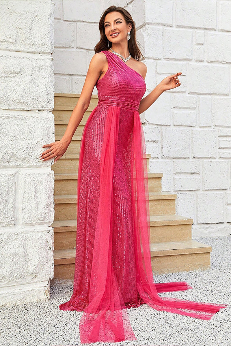 Load image into Gallery viewer, Hot Pink One Shoulder Sparkly Prom Dress