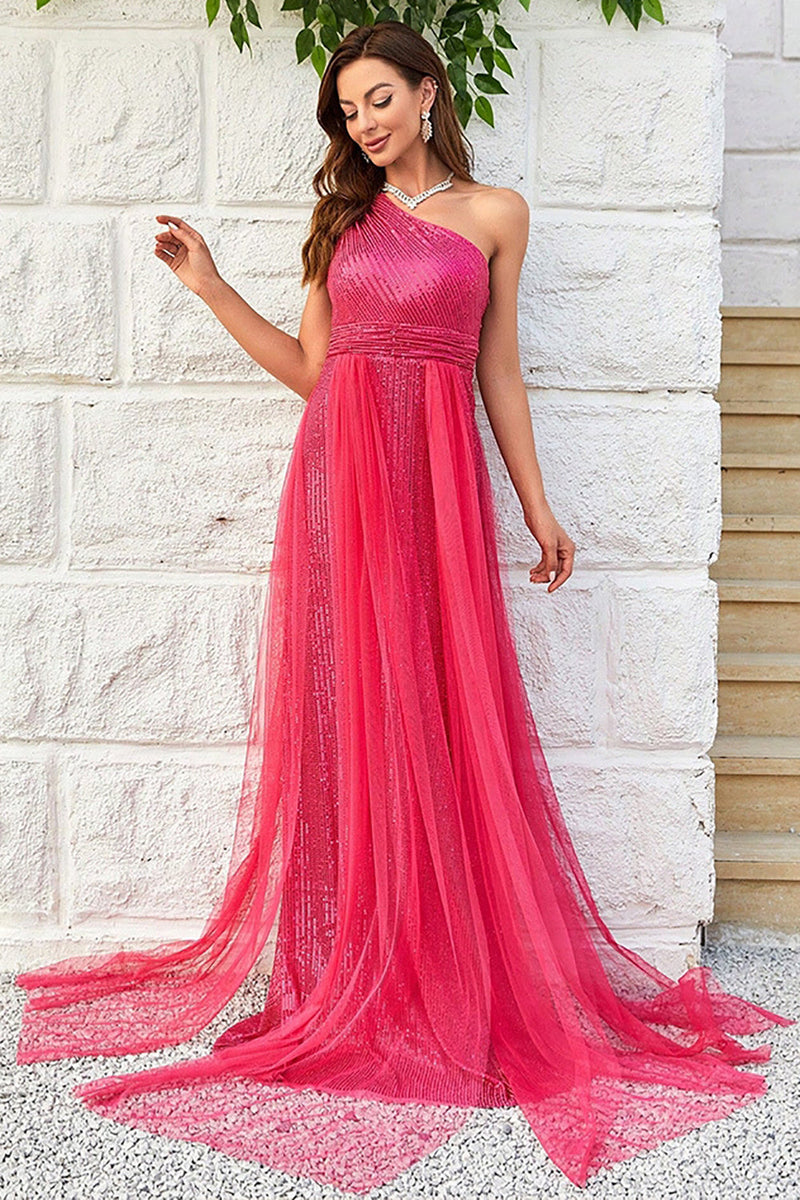 Load image into Gallery viewer, Hot Pink One Shoulder Sparkly Prom Dress