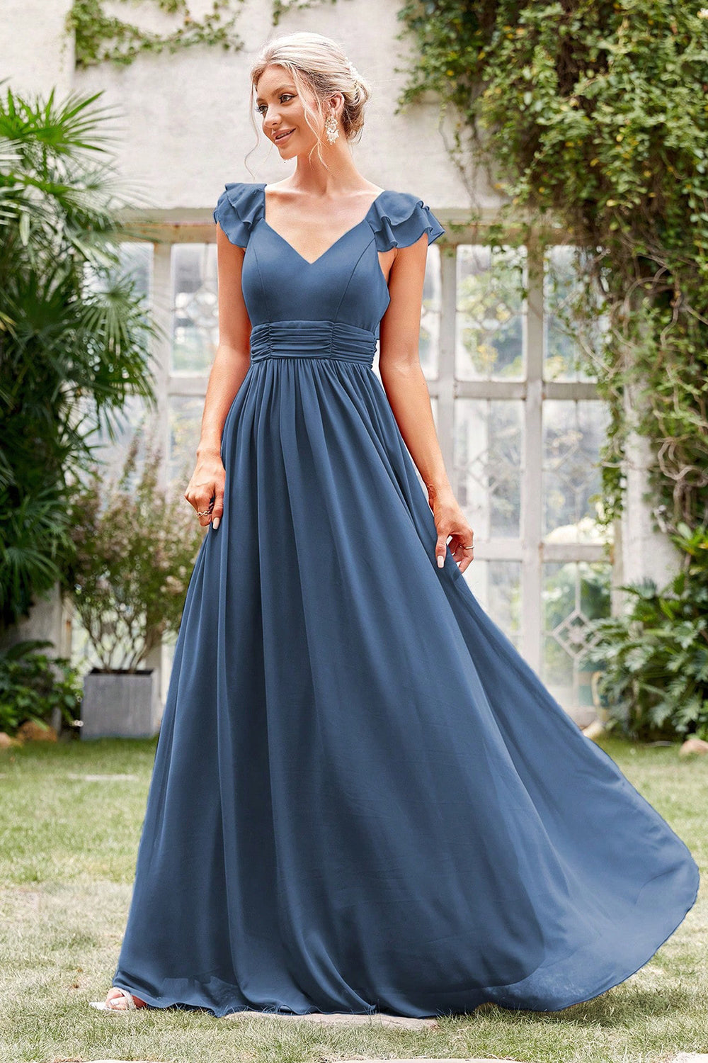 A-Line V-hals grå blå formell kjole