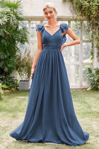 A-Line V-hals grå blå formell kjole