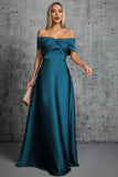 Peacock Blue Satin Off The Shoulder Formell kjole