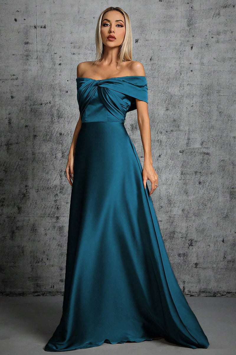 Load image into Gallery viewer, Peacock Blue Satin Off The Shoulder Formell kjole