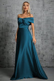 Peacock Blue Satin Off The Shoulder Formell kjole