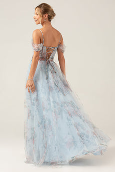 Cold Shoulder A-Line Blue Trykt Long Corset Prom Dress med Slit