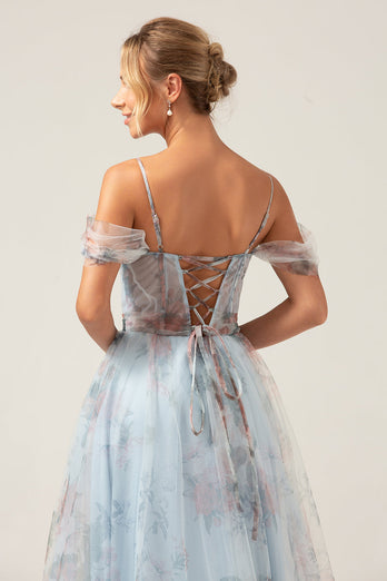 Cold Shoulder A-Line Blue Trykt Long Corset Prom Dress med Slit