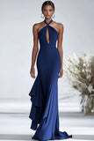 Halter Terrakotta Chiffon Ruffles Slire Rød Gala Kjole