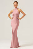 Slire Champagne Chiffon Halter Lang Brudepikekjole Med Sliss