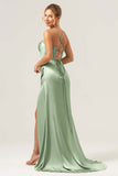 Mermaid Sage Corsett Spaghetti Straps Satin Brudepikekjole Med Spalte