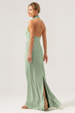 Slire Champagne Chiffon Halter Lang Brudepikekjole Med Sliss