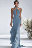 Halter Terrakotta Chiffon Ruffles Slire Rød Gala Kjole