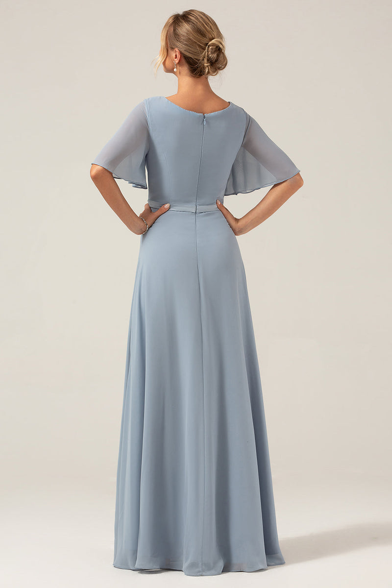 Load image into Gallery viewer, Støvete blå A-linje V hals korte ermer Chiffon brudepike kjole