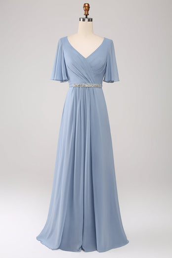 A-Line Chiffon Dusty Blue Long brudepike kjole med Beaded Waist