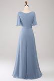 A-Line Chiffon Dusty Blue Long brudepike kjole med Beaded Waist