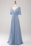 A-Line Chiffon Dusty Blue Long brudepike kjole med Beaded Waist