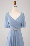 A-Line Chiffon Dusty Blue Long brudepike kjole med Beaded Waist